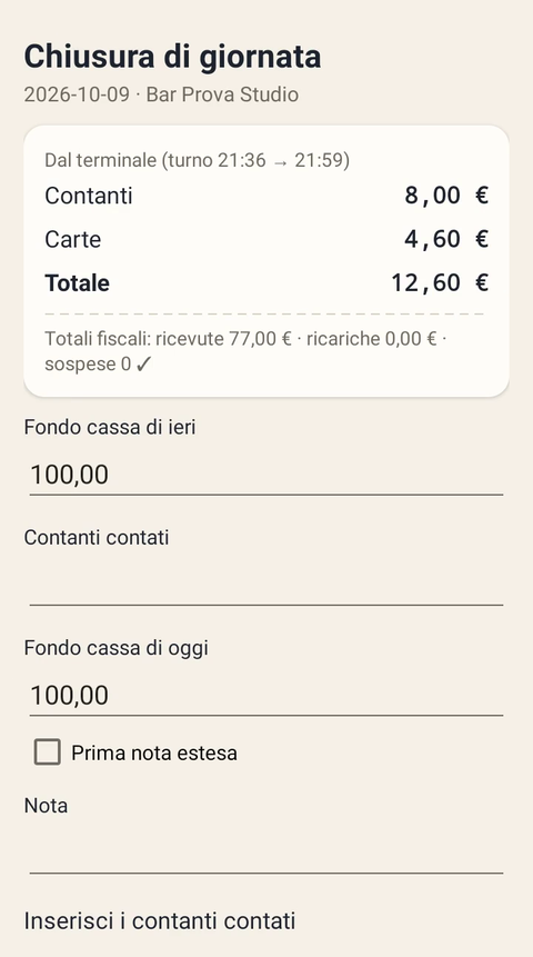 Chiusura di giornata sul POS: totali del terminale, fondo cassa e contanti contati